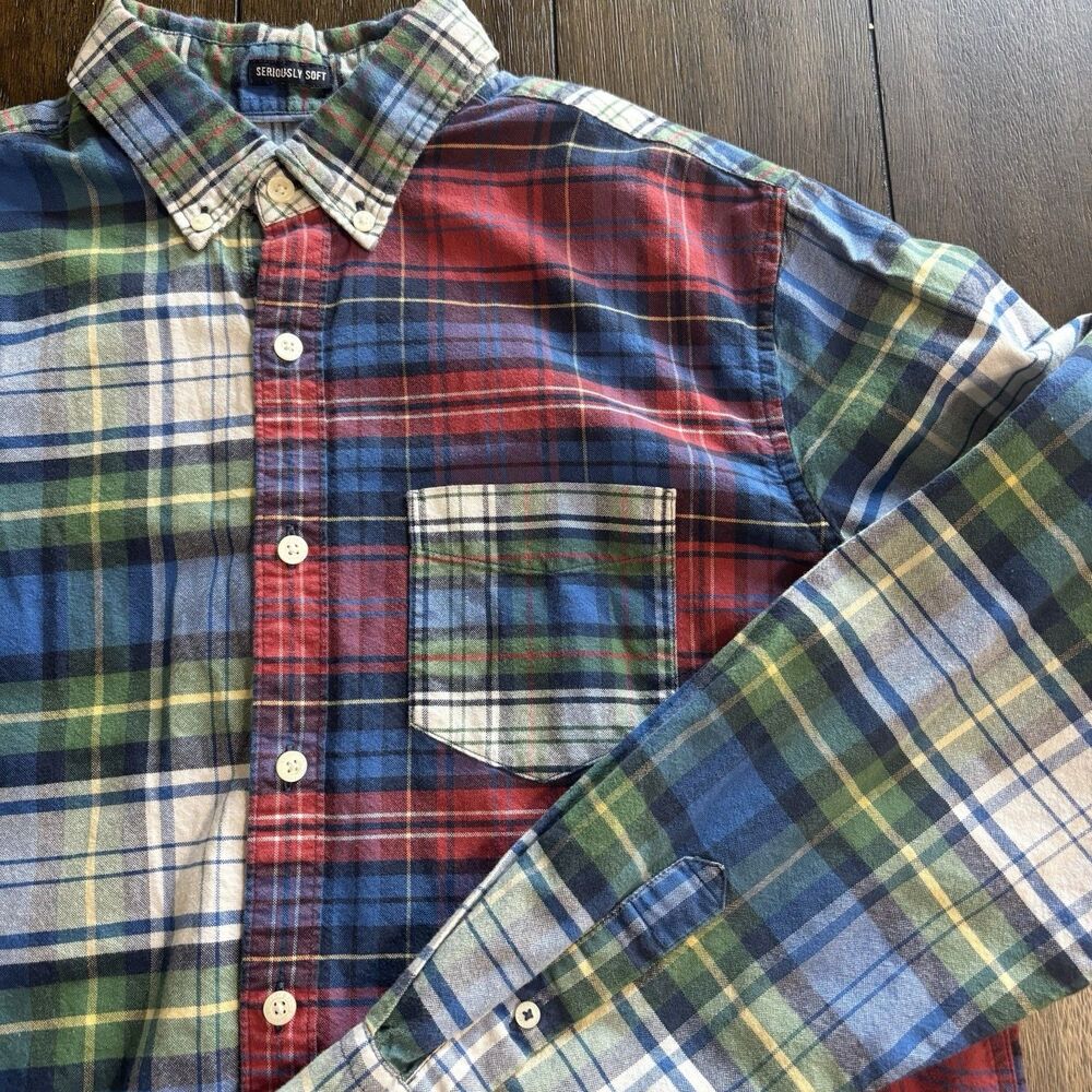 American Eagle Seriously Soft Patchwork Shirt Mens Medium Plaid Multicolor